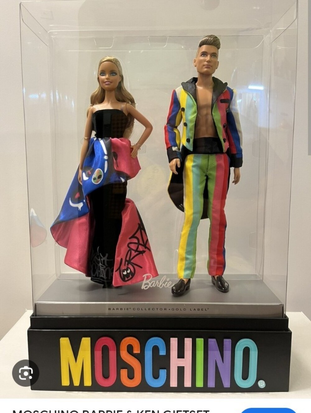 Moschino Black Display Set with Rainbow Logo and Multicolor Ken And Barbie Dolls